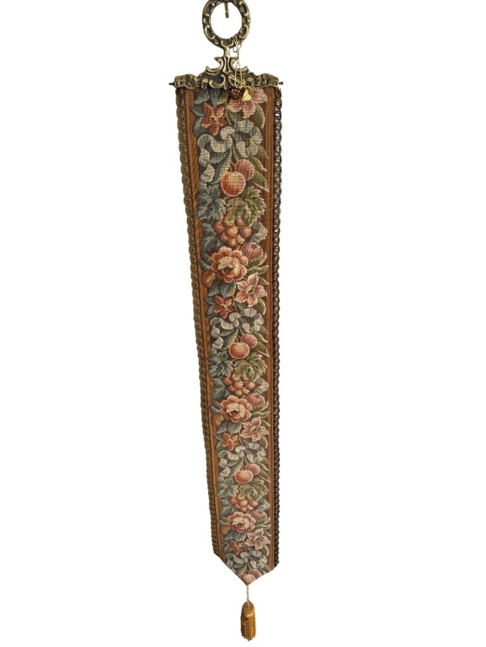 Vintage Floral Fruit Tapestry Wall Hanging Brass Hanger Tassel Made In Italy